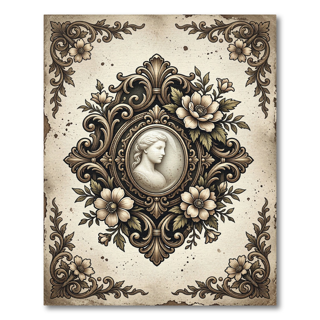 Elegant Cameo Floral Scroll Victorian Artwork Rug