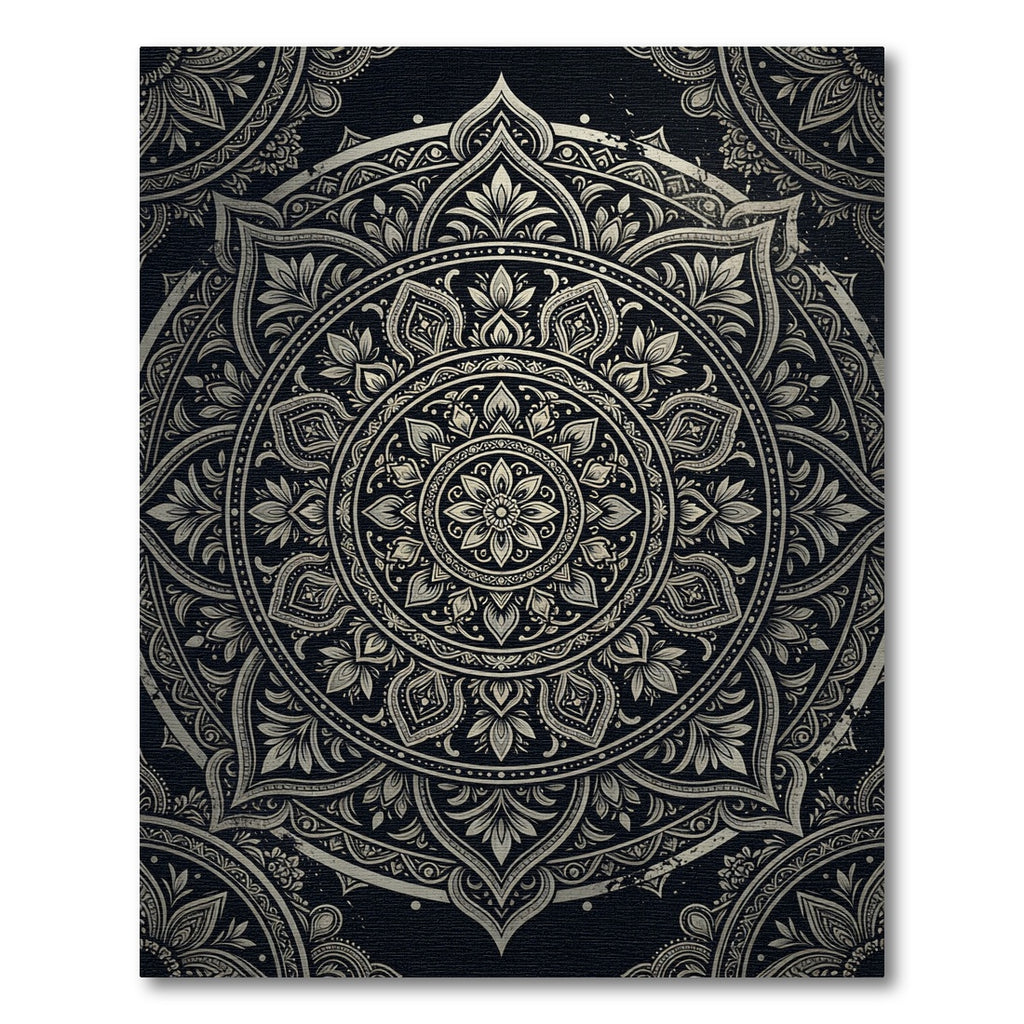 Intricate Black and Gold Floral Mandala Rug
