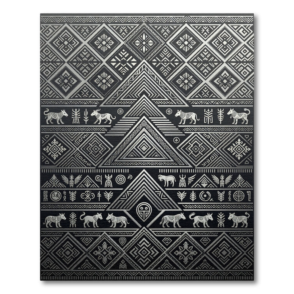 Tribal Silver Black Geometric Animal Rug