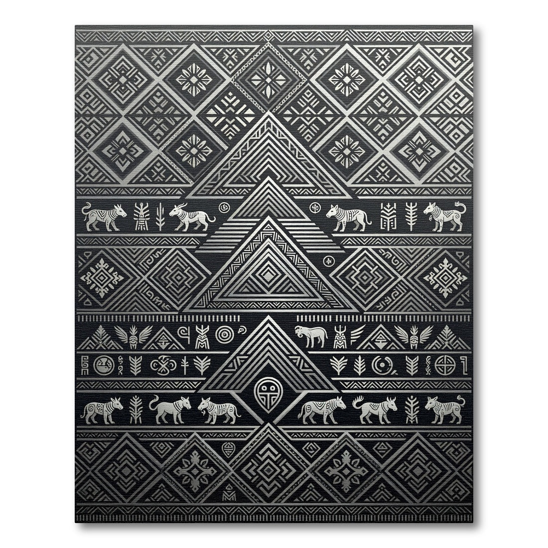 Tribal Silver Black Geometric Animal Rug