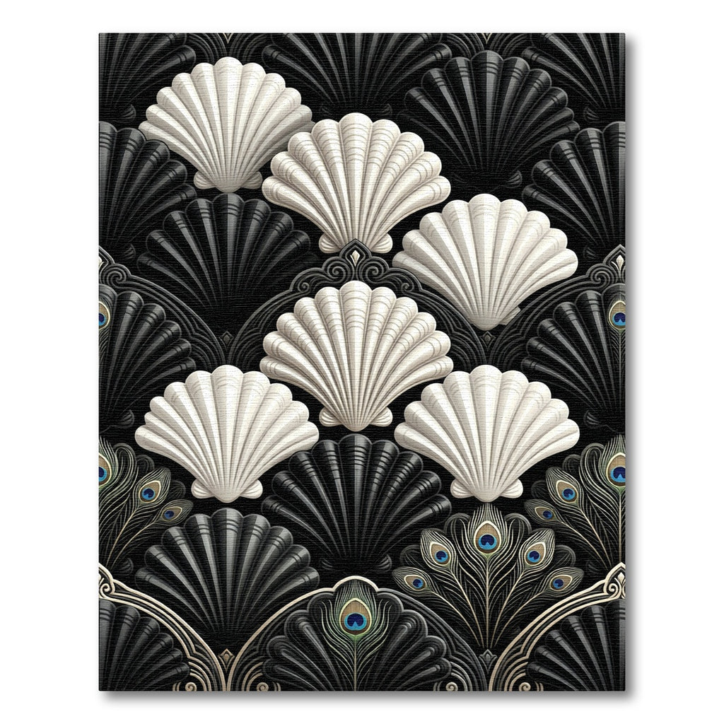 Monochrome Art Deco Seashell Peacock Fan Rug