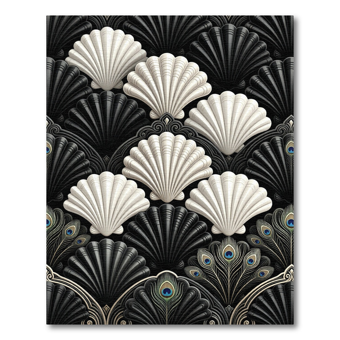 Monochrome Art Deco Seashell Peacock Fan Rug