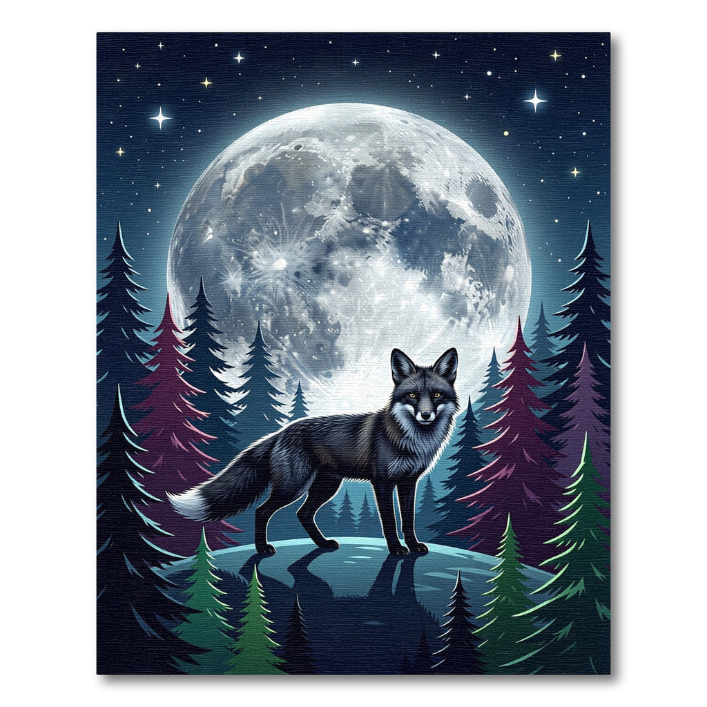 Black Fox Under Luminescent Full Moon Rug
