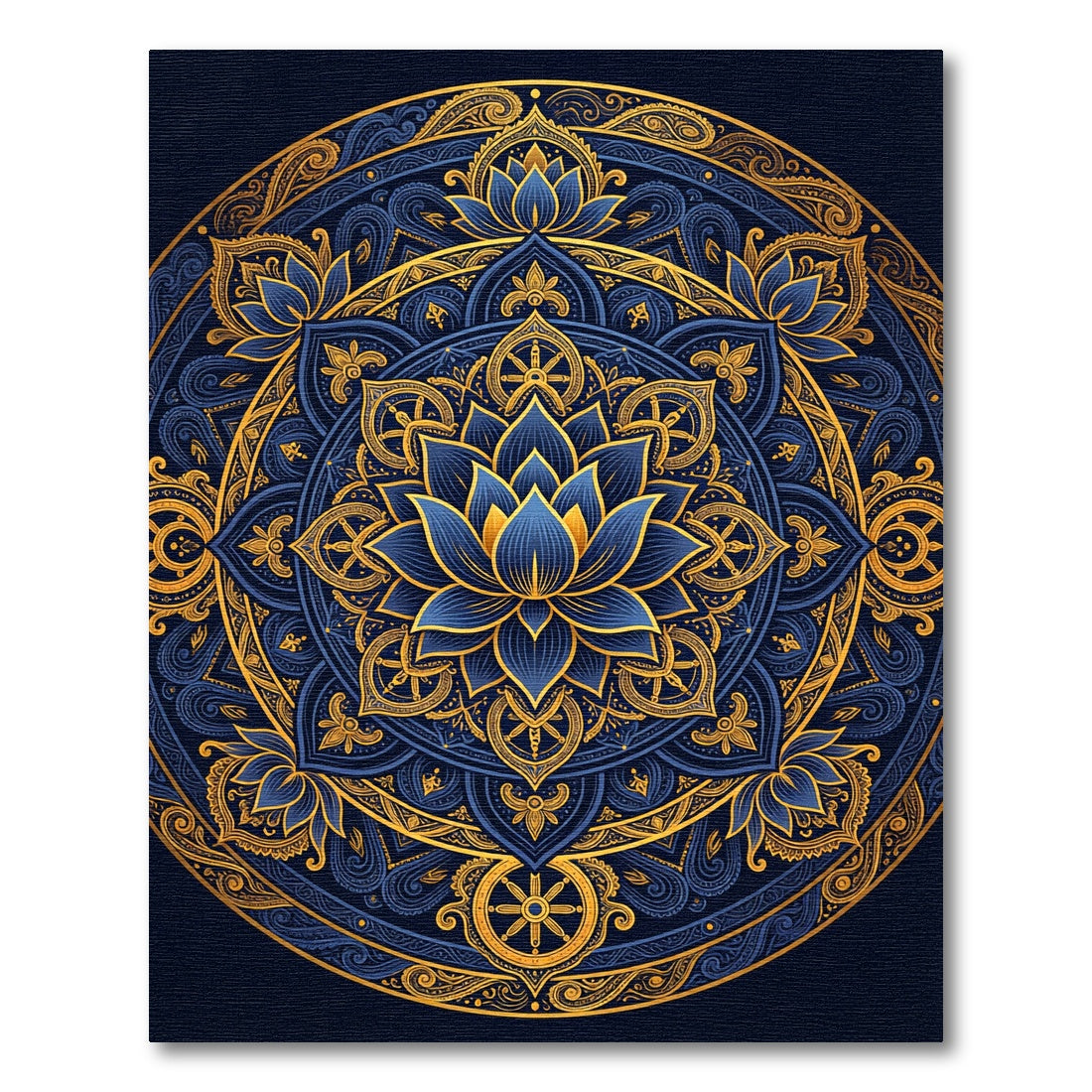 Golden Lotus Mandala Navy Circular Art Rug