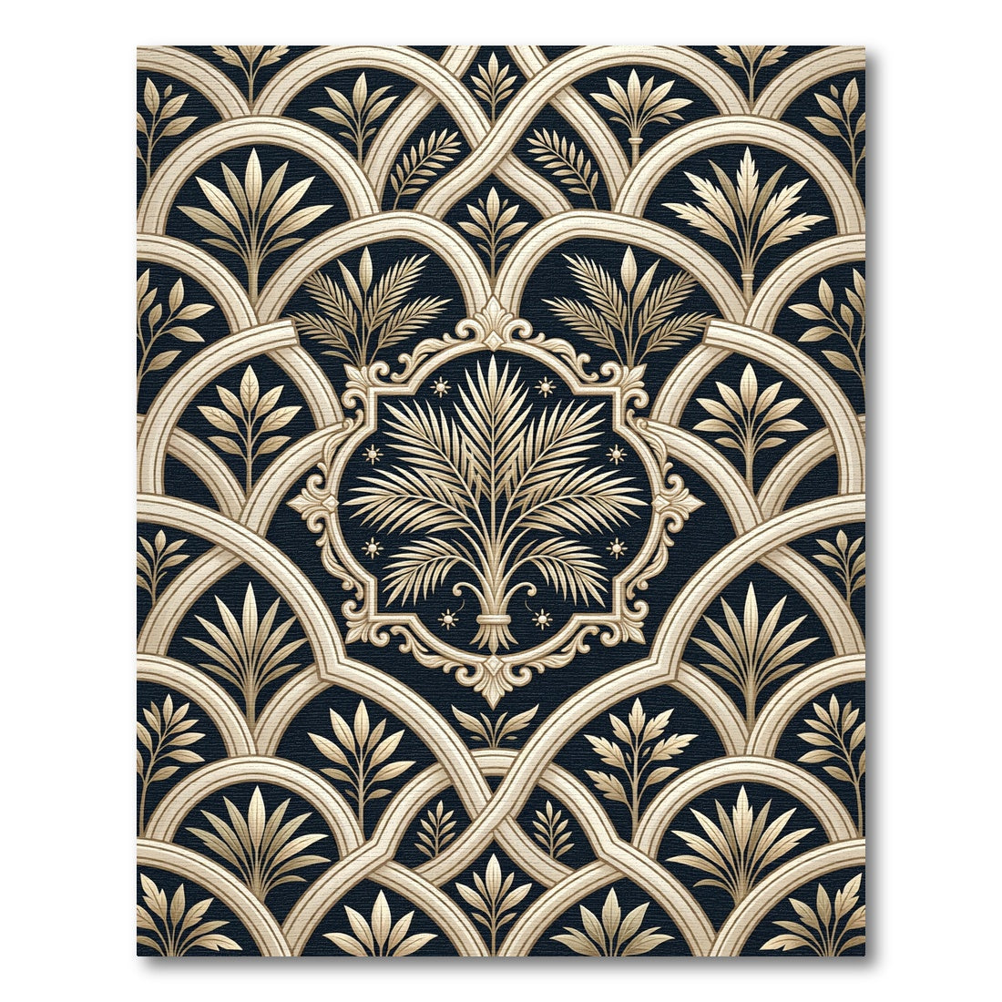 Elegant Cream Palm Art Deco Arch Rug