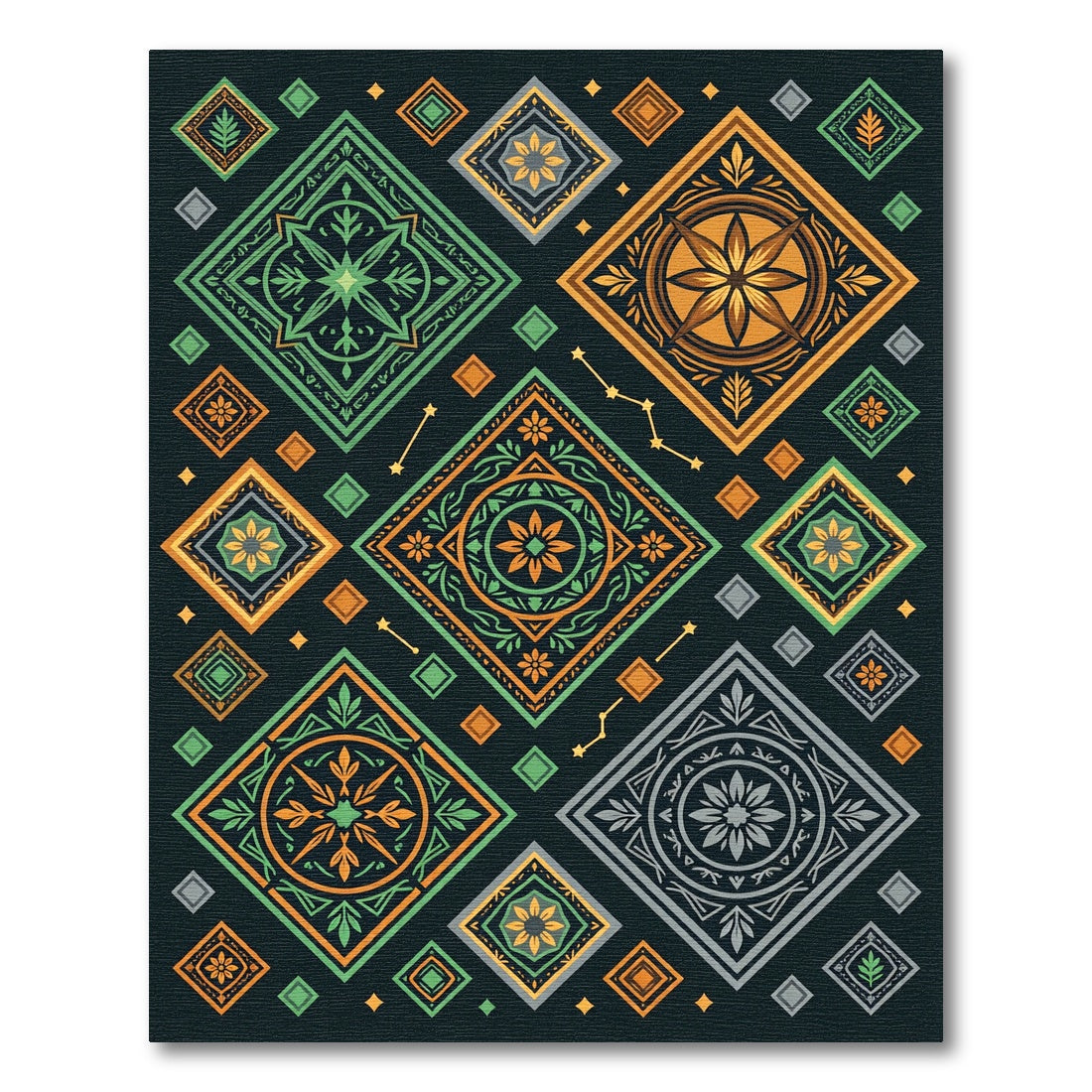Green Orange Gray Diamond Medallion Rug