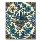 Ornate Teal Yellow Floral Scrolls Rug