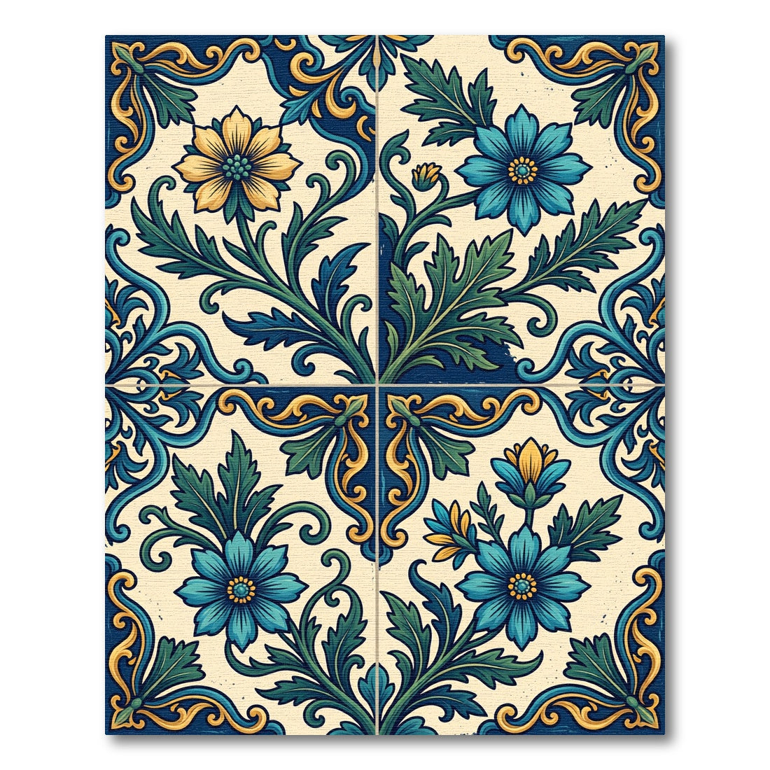 Ornate Teal Yellow Floral Scrolls Rug