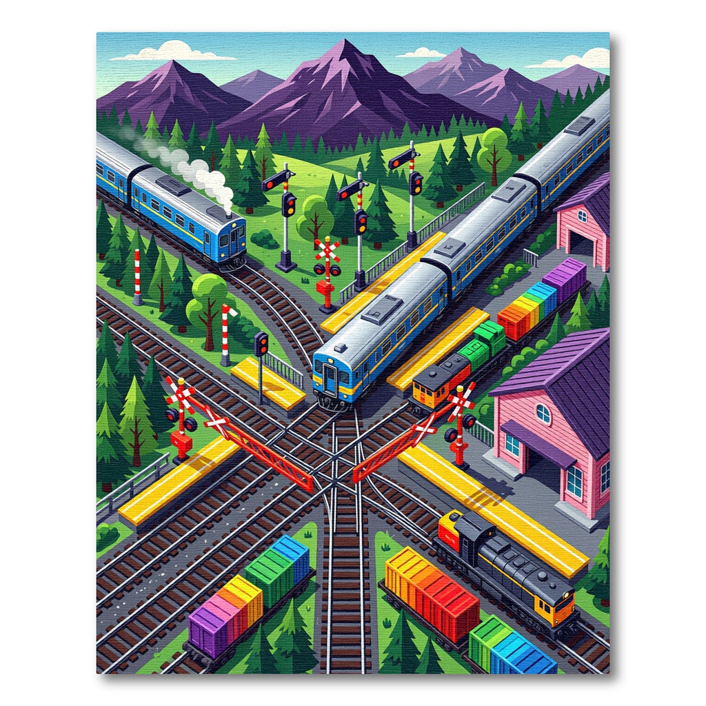 Vibrant Isometric Mountain Railway Landscape Rug