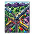 Vibrant Isometric Mountain Railway Landscape Rug