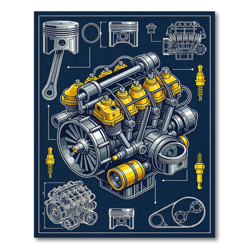 Mechanical Engine Blueprint Navy Yellow Art Rug