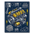 Mechanical Engine Blueprint Navy Yellow Art Rug