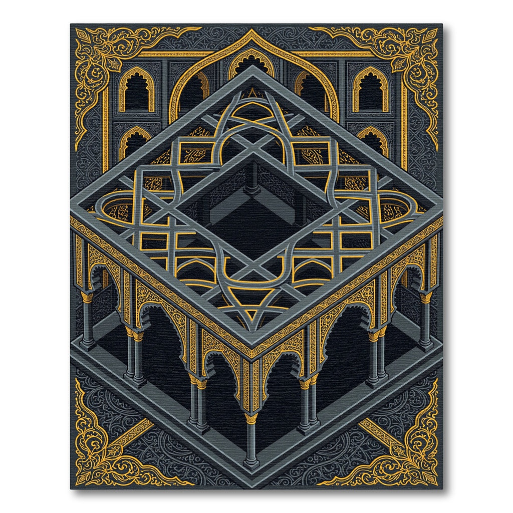 Isometric Golden Lattice Gray Archway Rug