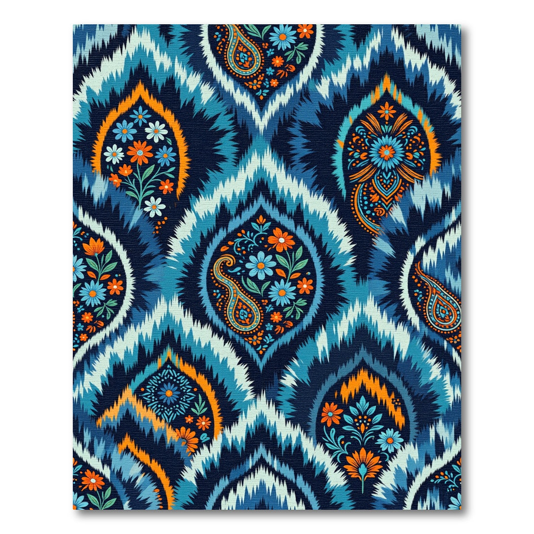 Deep Blue Orange Floral Paisley Ikat Rug