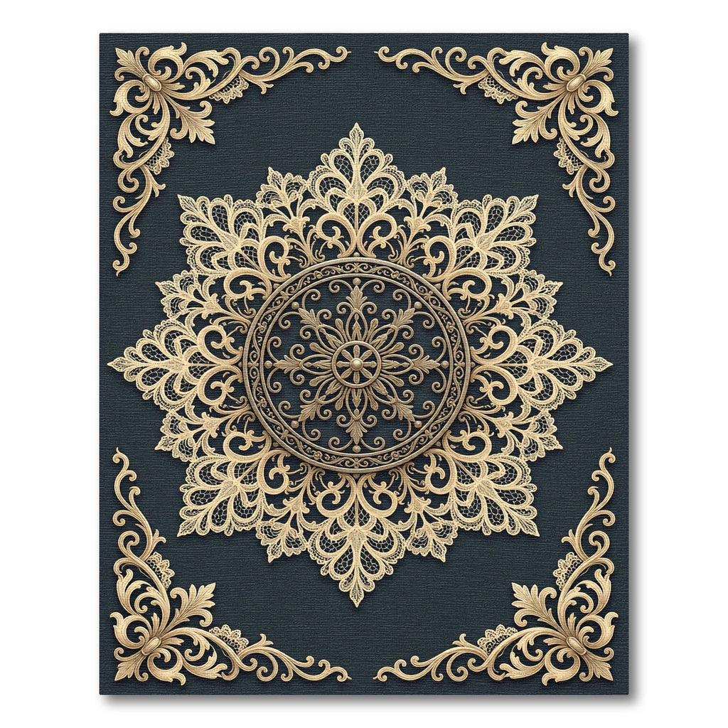 Ornate Golden Lace Medallion on Charcoal Rug
