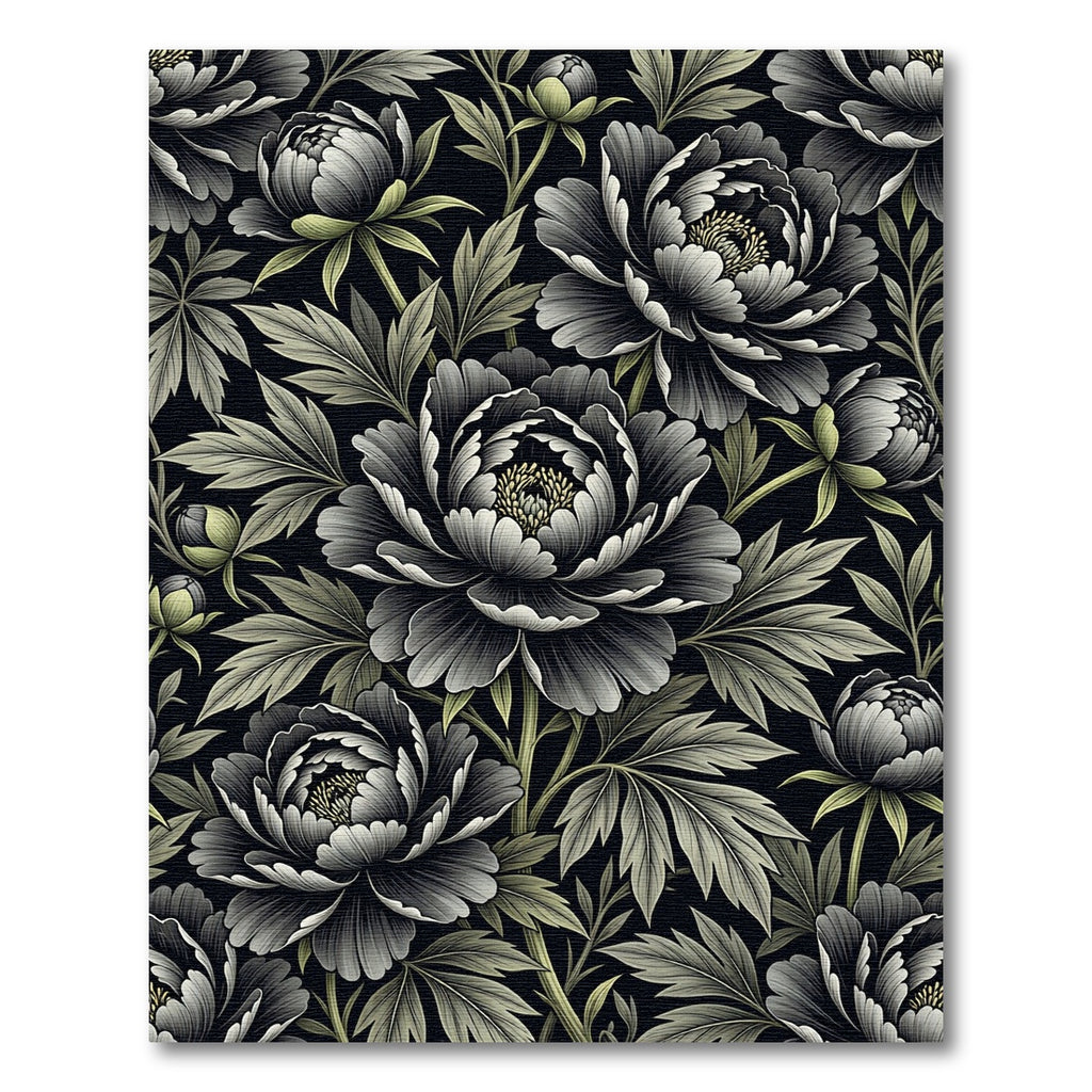 Monochromatic Botanical Peony Charcoal Floral Rug