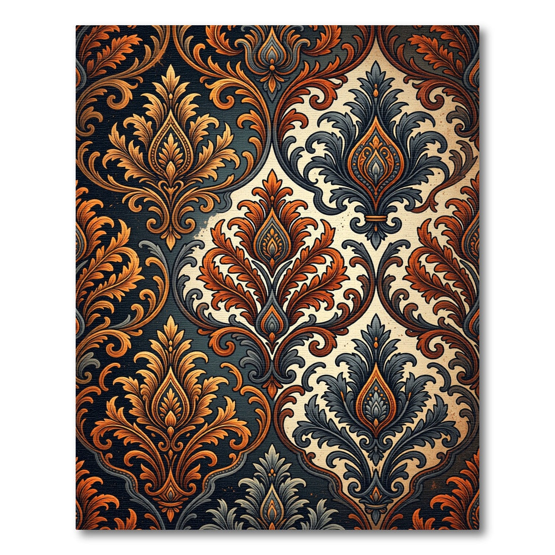 Dark Amber Damask Floral Scroll Rug