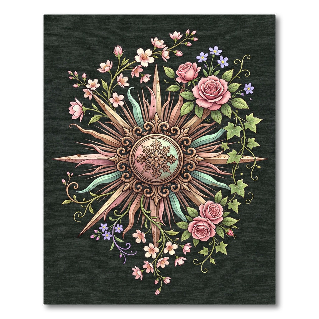 Ornate Vintage Floral Sunburst Medallion Rug