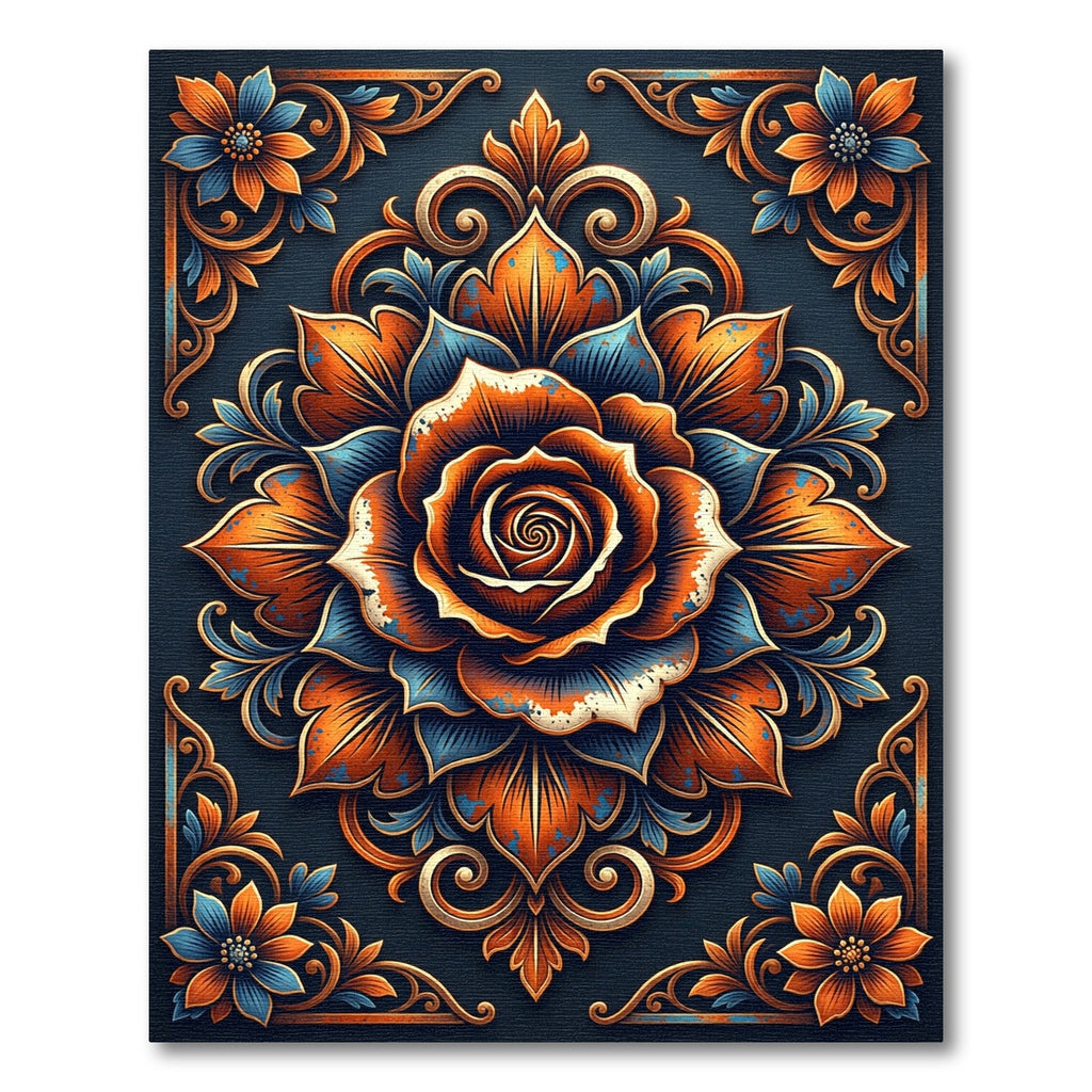 Ornate Orange Blue Rose Mandala Rug