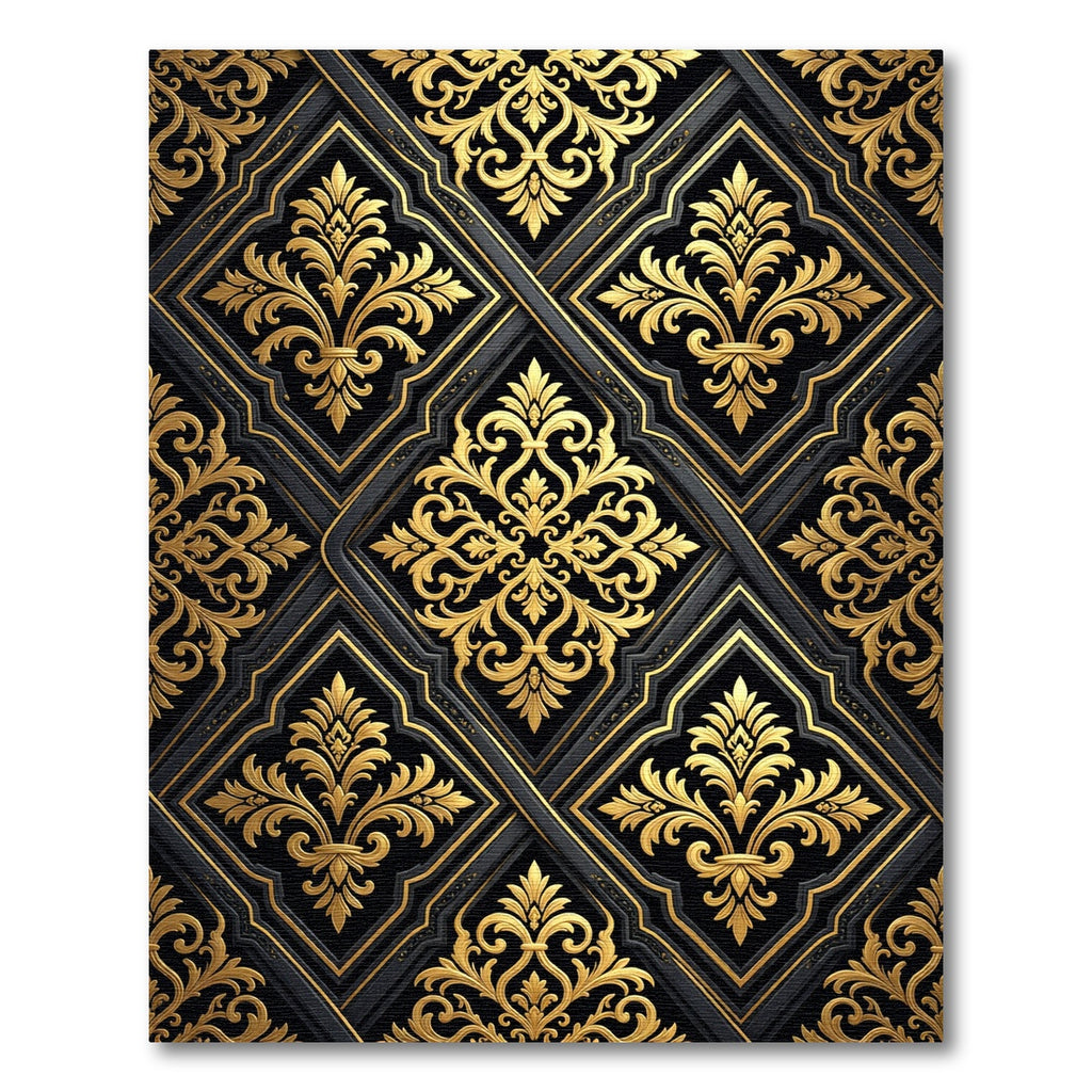 Ornate Gold Black Damask Scroll Rug
