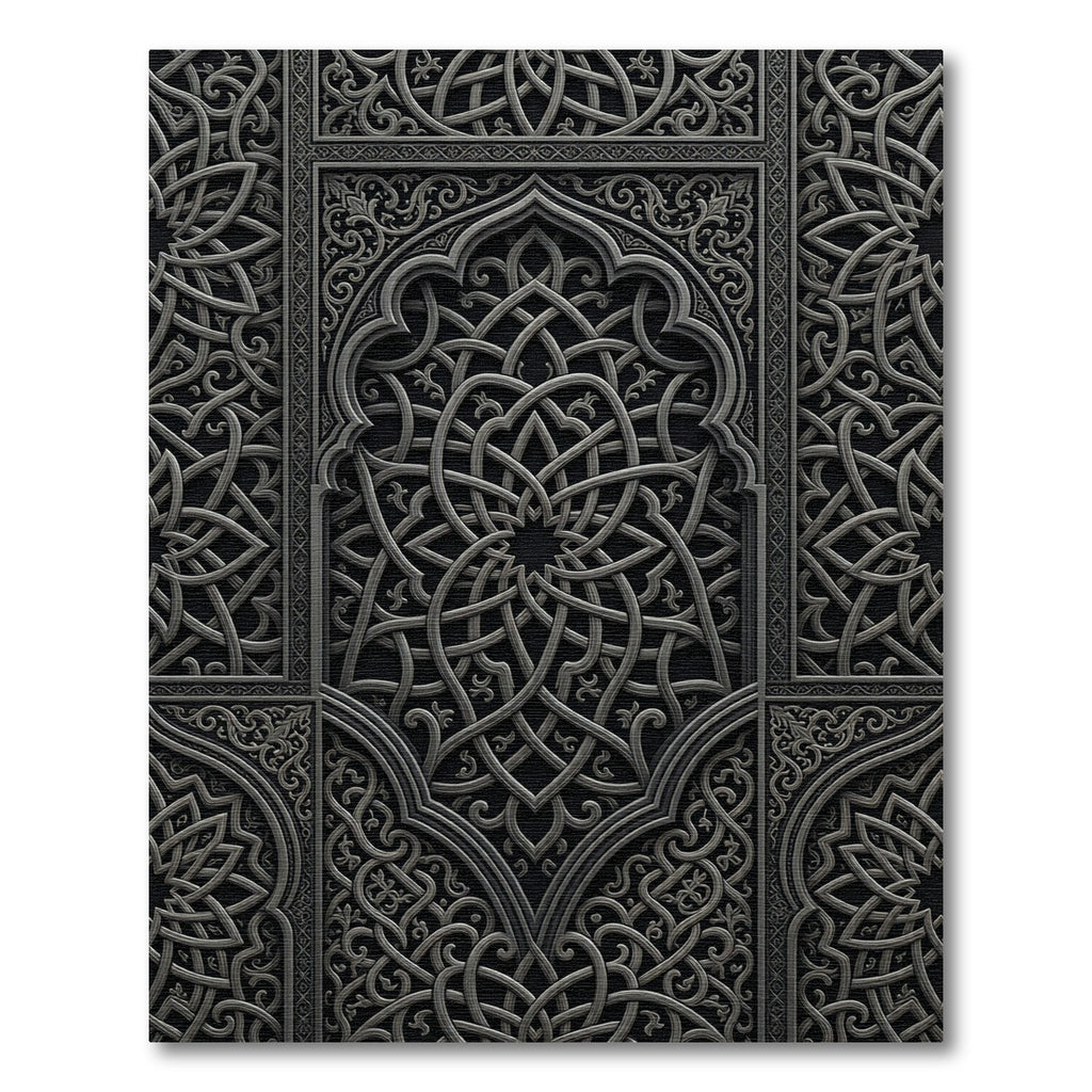 Intricate Charcoal Silver Interlocking Geometric Scroll Rug