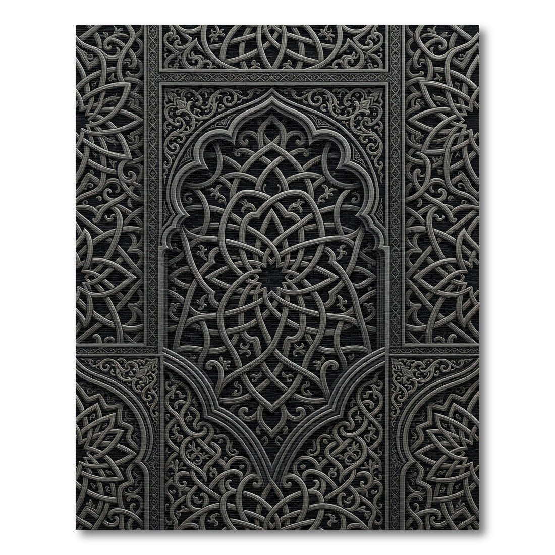 Intricate Charcoal Silver Interlocking Geometric Scroll Rug