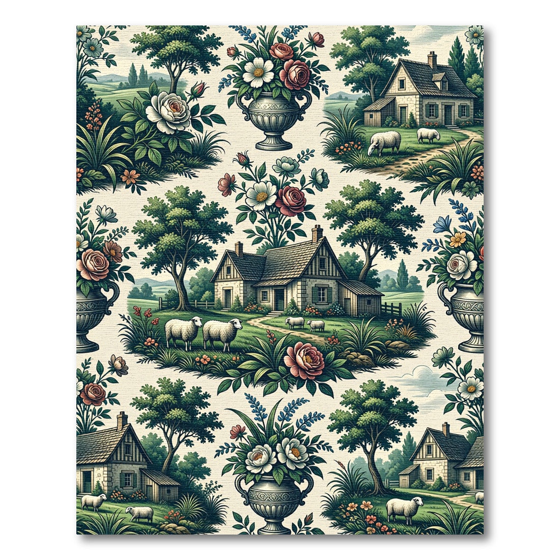 Countryside Floral Cottage Sheep Landscape Rug
