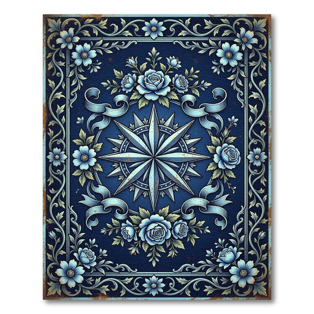 Ornate Midnight Blue Floral Compass Rug