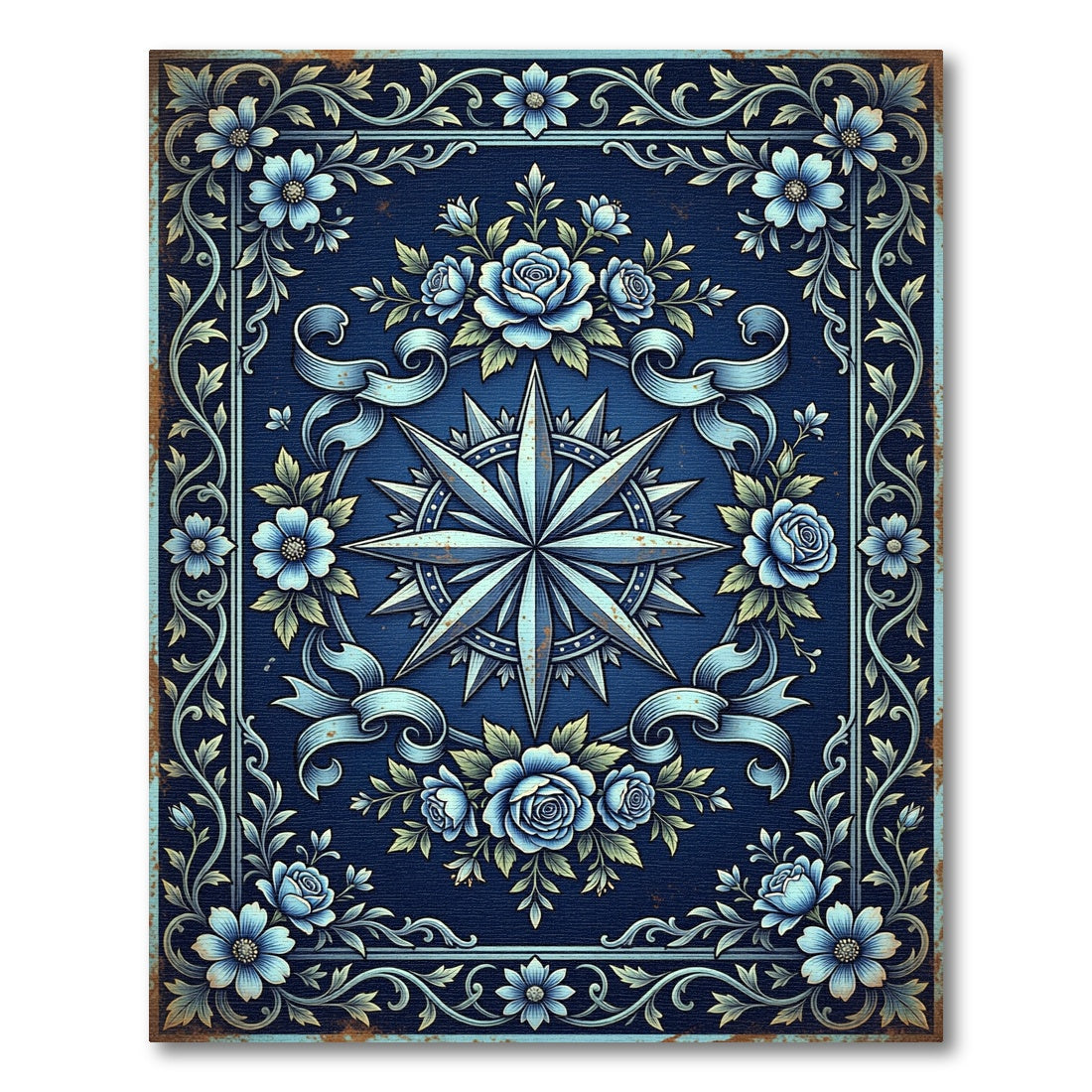 Ornate Midnight Blue Floral Compass Rug
