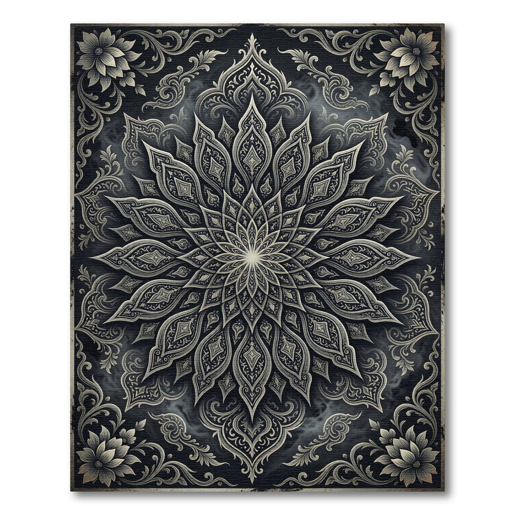 Intricate Charcoal Silver Floral Medallion Rug