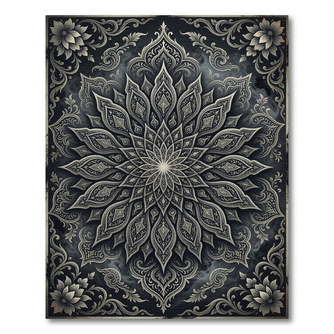 Intricate Charcoal Silver Floral Medallion Rug