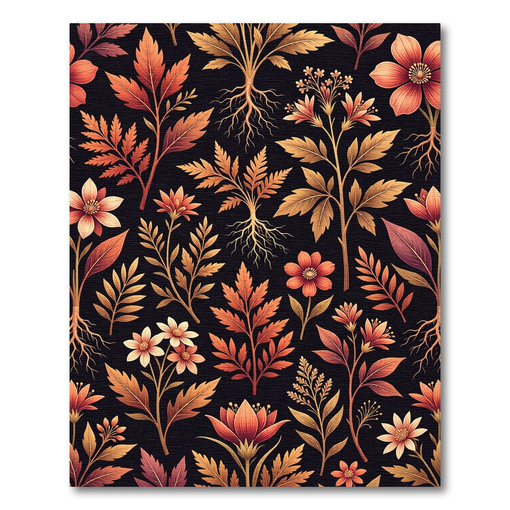 Earthy Botanical Gold and Crimson Floral Rug