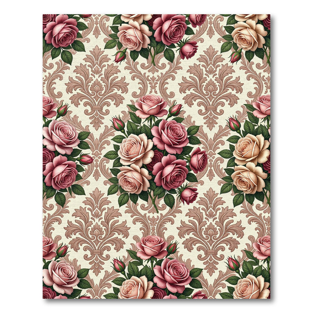 Romantic Pink Rose Damask Scroll Rug