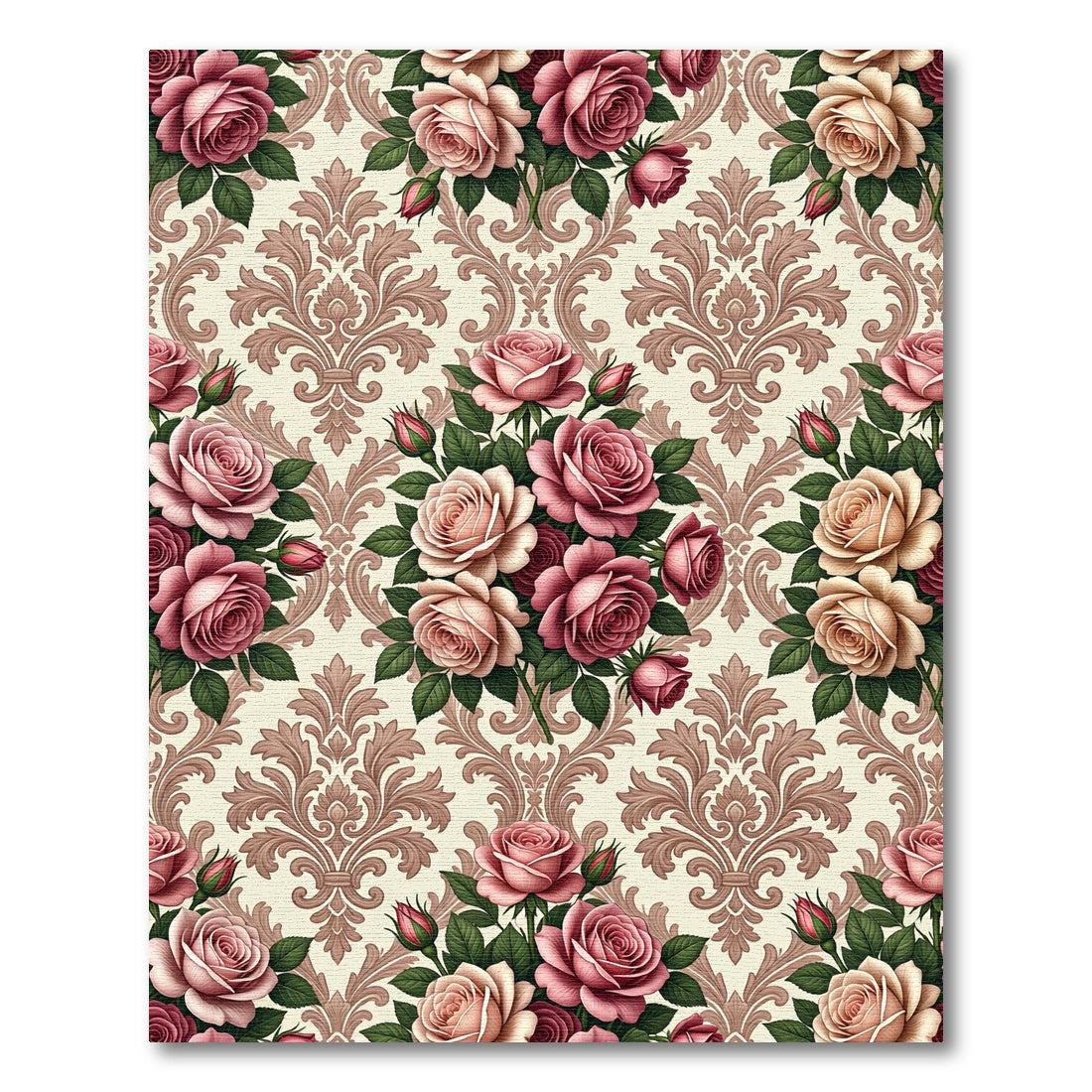 Romantic Pink Rose Damask Scroll Rug