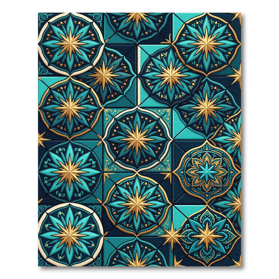 Teal and Gold Starry Medallion Tapestry Rug