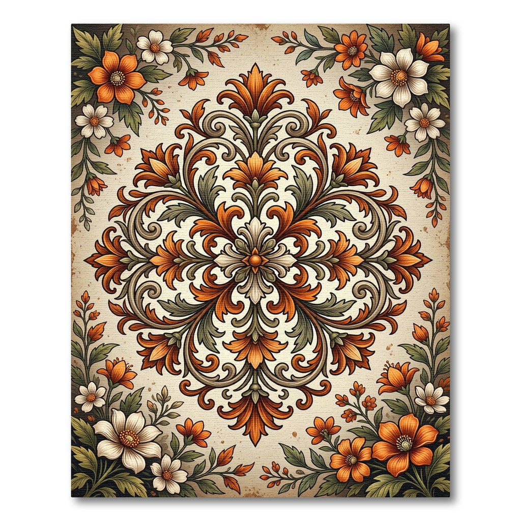 Vibrant Orange Floral Scrollwork Medallion Rug