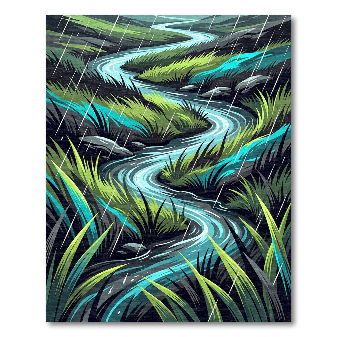 Rainy Meadow Stream Winding River View Rug