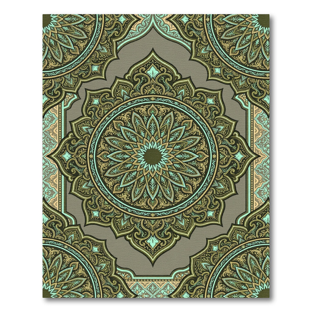 Earthy Sage And Gold Ornate Mandala Rug