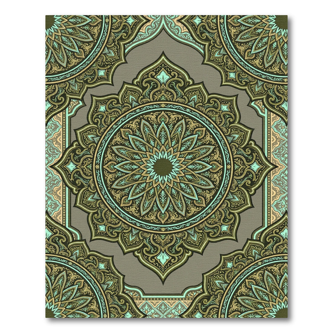 Earthy Sage And Gold Ornate Mandala Rug