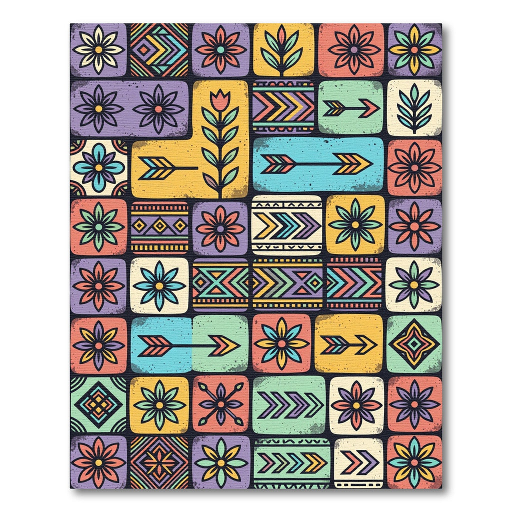 Colorful Boho Floral Geometric Tile Art Rug