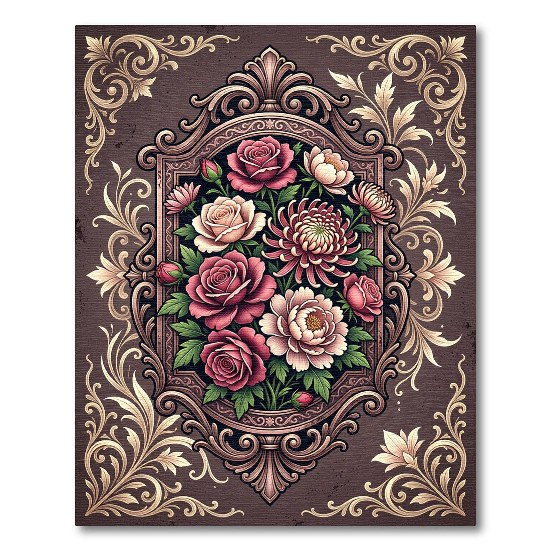 Crimson Pink Floral Oval Frame Rug