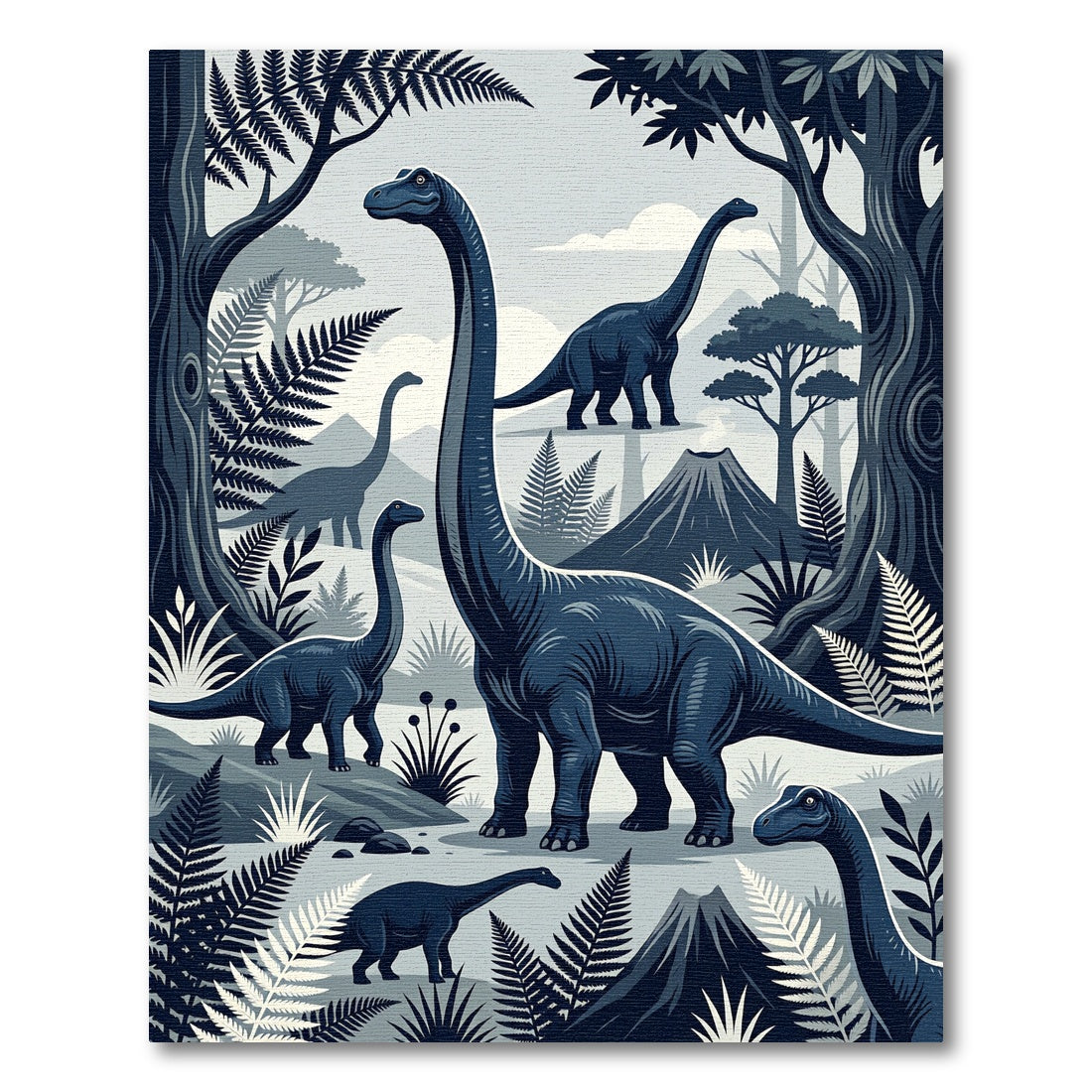 Monochrome Prehistoric Dinosaur Forest Landscape Rug