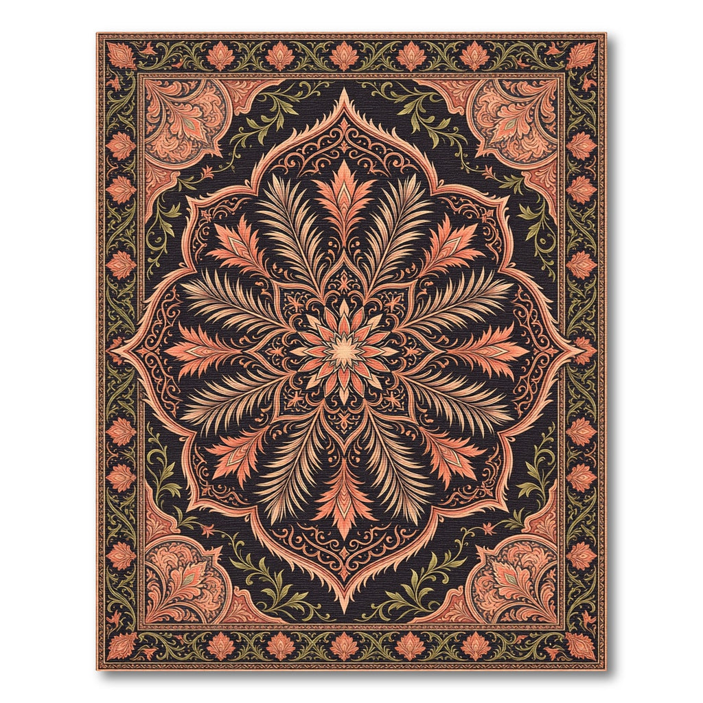 Deep Black Floral Lotus Medallion Rug