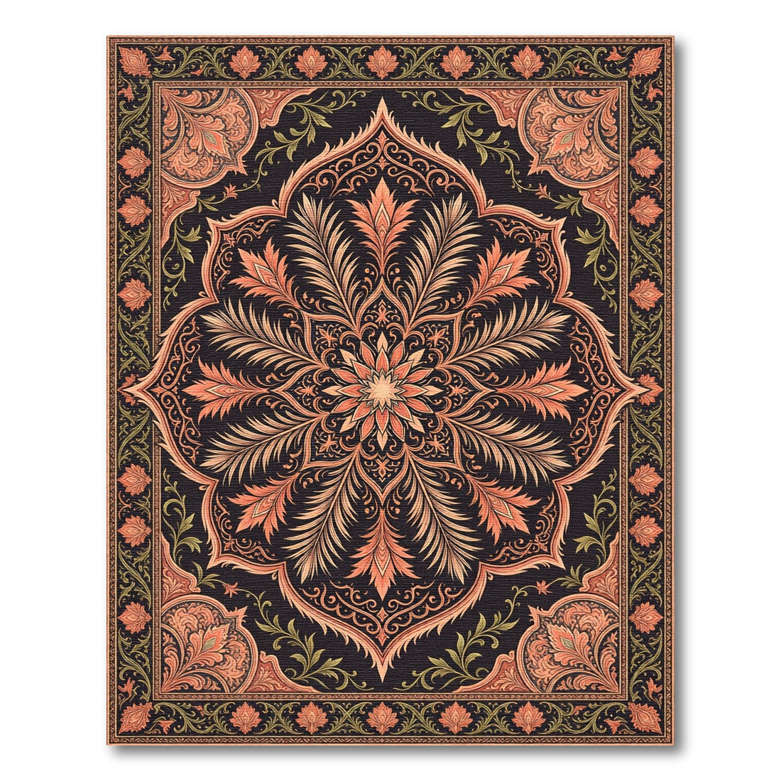 Deep Black Floral Lotus Medallion Rug