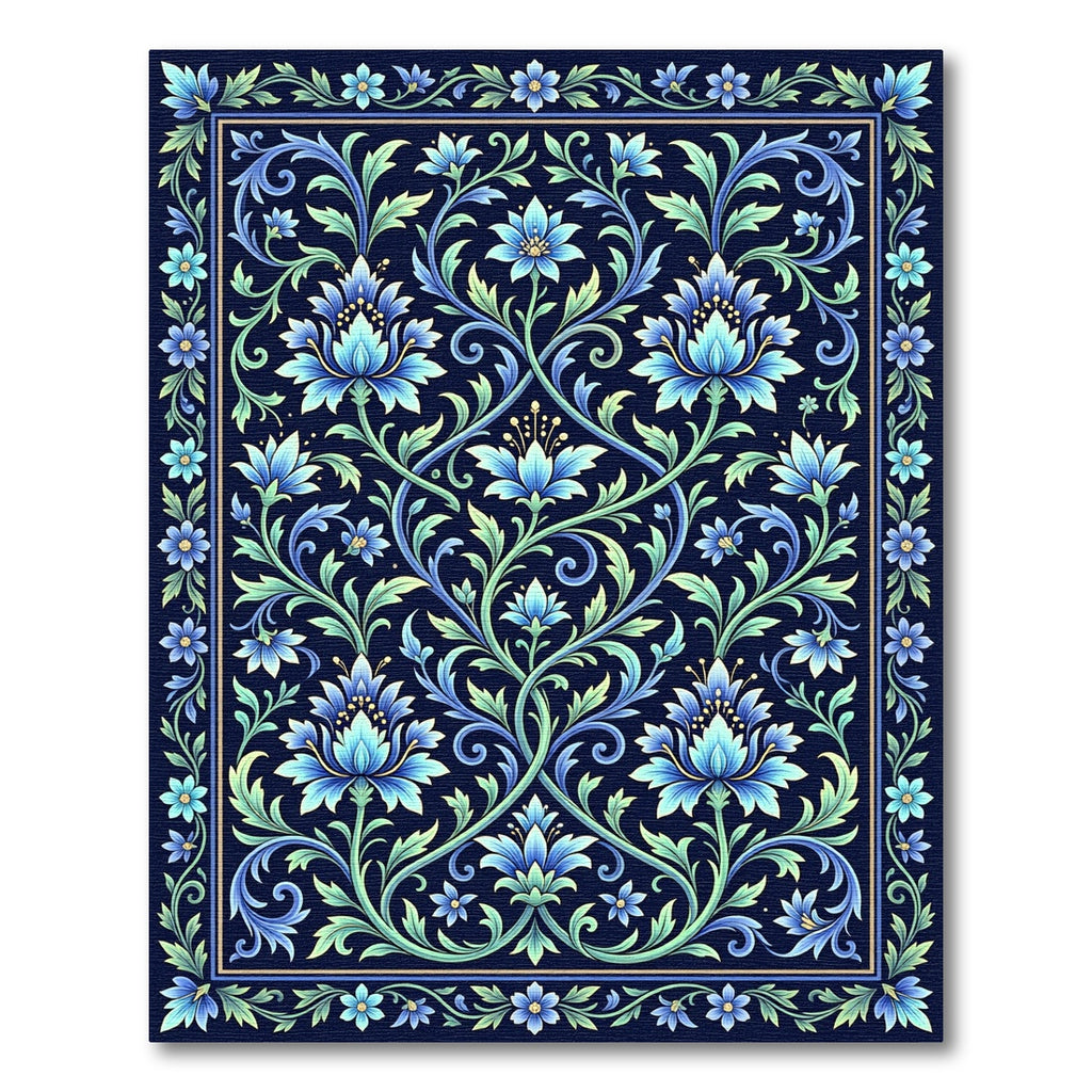 Intricate Azure Floral Scrolling Botanical Rug