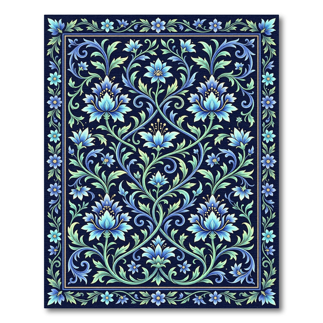Intricate Azure Floral Scrolling Botanical Rug