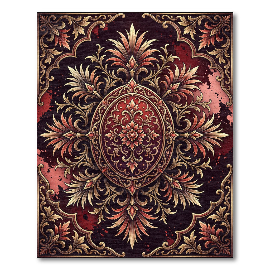 Ornate Crimson Damask Gold Medallion Rug