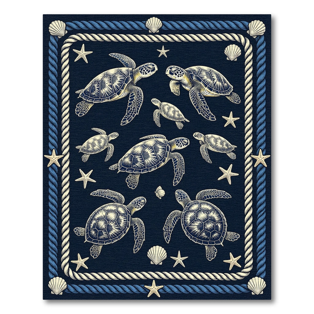 Navy Nautical Sea Turtle Rope Border Rug
