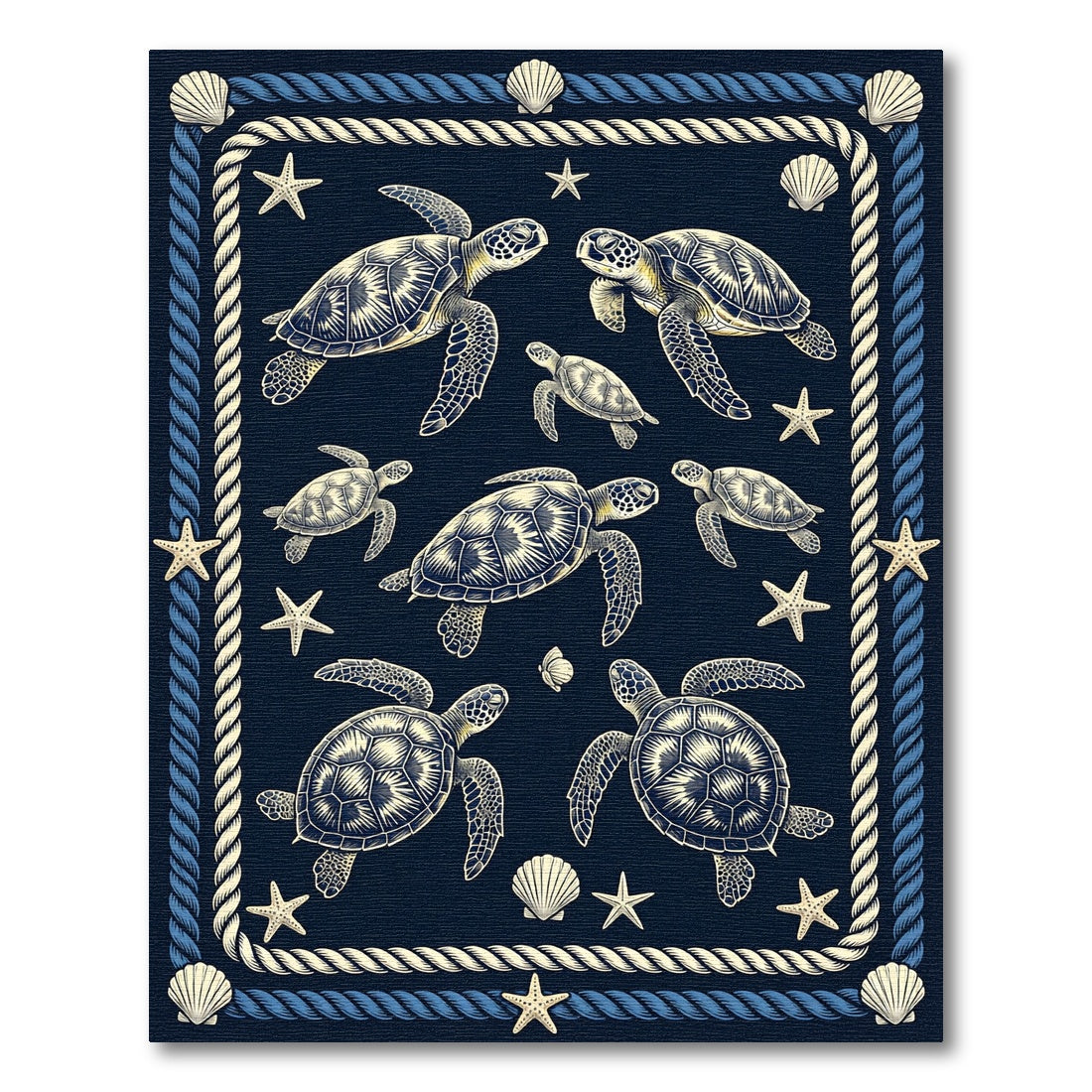 Navy Nautical Sea Turtle Rope Border Rug
