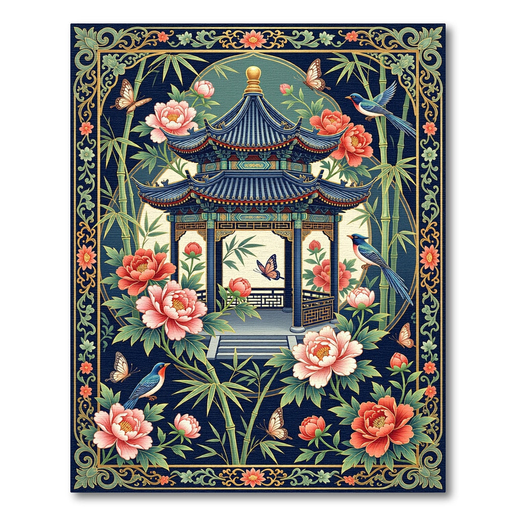 Chinoiserie Navy Peony Pagoda Garden Rug